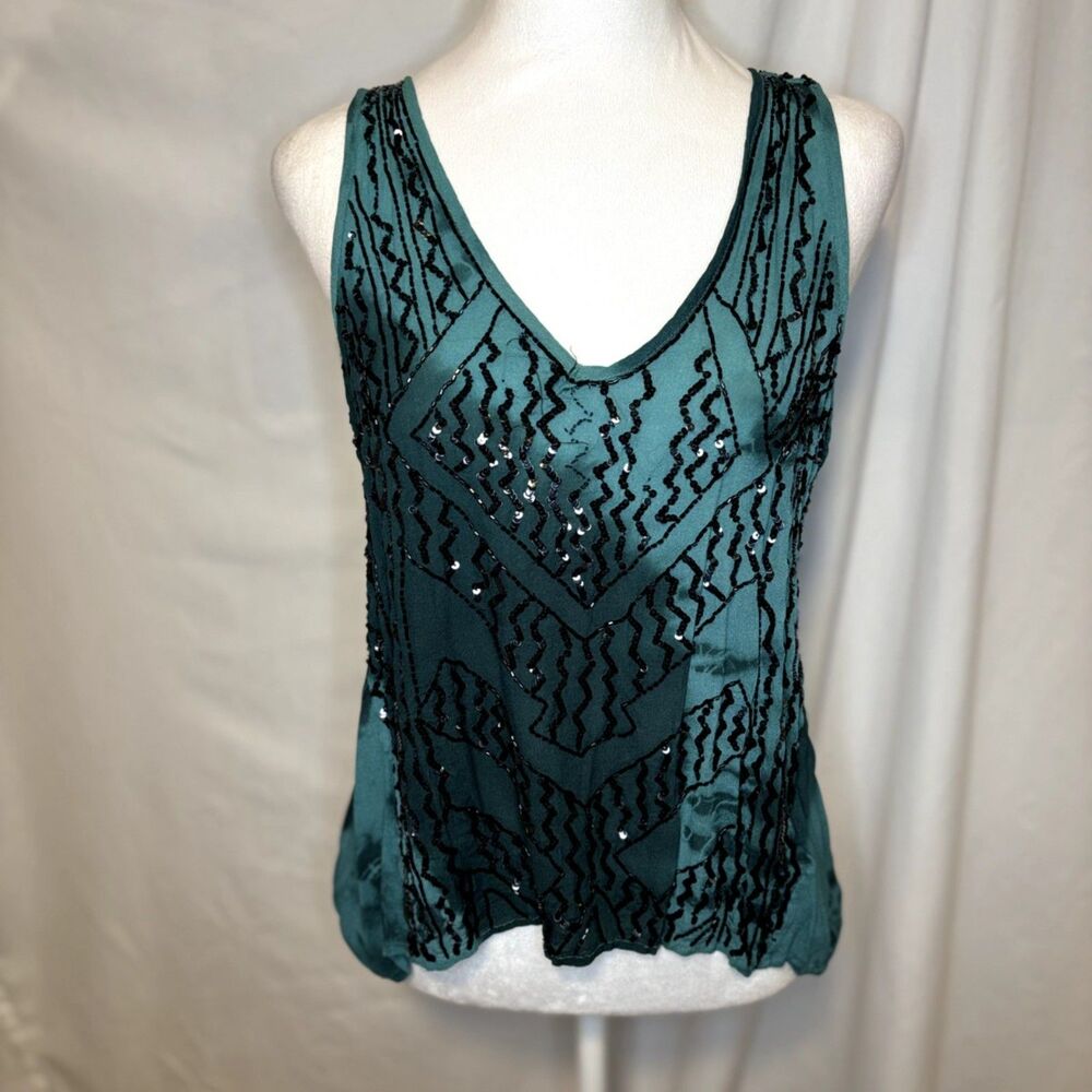 Buffalo David Bitton Sequin V-Neck Sleeveless Teal Tie-Dye Party Top Womens XL